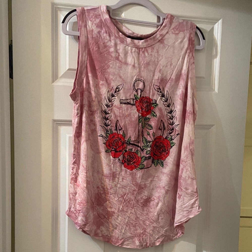🧡 Women’s Sweet Claire Pink Tie-Dye Tank with Anchor & Rose Graphic